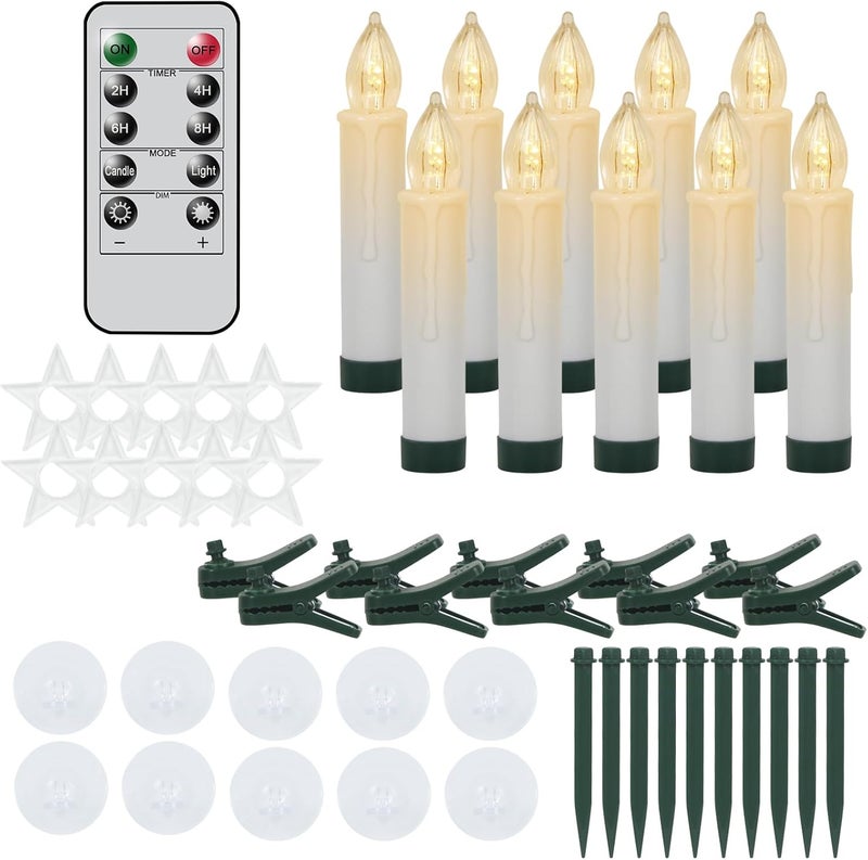DRomance Christmas Tree Flameless Taper Candle Lights Battery Operated with 10-Key Remote and Timer, 10 Pack Plastic Flickering LED Taper Candles Multi-Using Home Garden Holiday Decor 3.4" - Image 1